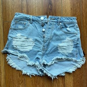 Distressed High Waist Light Denim Short Shorts